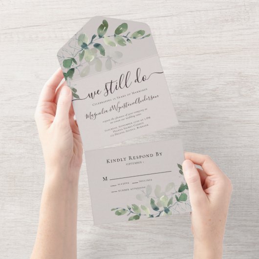 Rustic Eucalyptus Vow Renewal Ecru All In One Uitnodiging (Afscheurbaar)