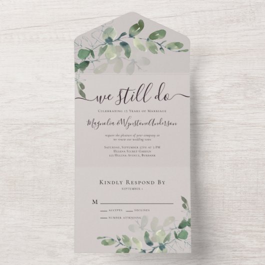 Rustic Eucalyptus Vow Renewal Ecru All In One Uitnodiging (Binnen)