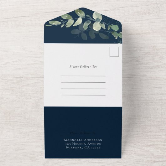 Rustic Eucalyptus Vow Renewal Navy Blue All In One Uitnodiging (Buitenkant)