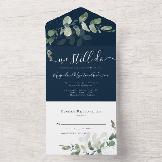 Rustic Eucalyptus Vow Renewal Navy Blue All In One Uitnodiging (Binnen)