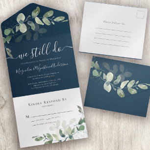 Rustic Eucalyptus Vow Renewal Navy Blue All In One Uitnodiging