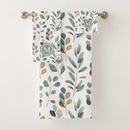 Rustic Eucalyptus Waterverf Pattern Monogram Bad Handdoek (Insitu)