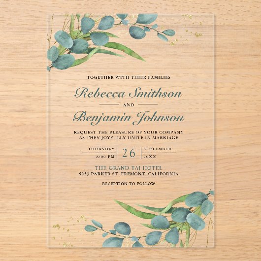 Rustic Eucalyptus Wedding Acryl Uitnodigingen (Voorkant)