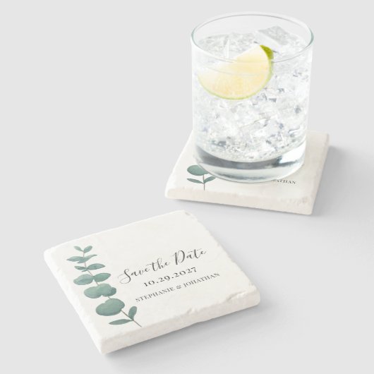 Rustic Eucalyptus Wedding Save the Date Stenen Onderzetter (Zijkant)