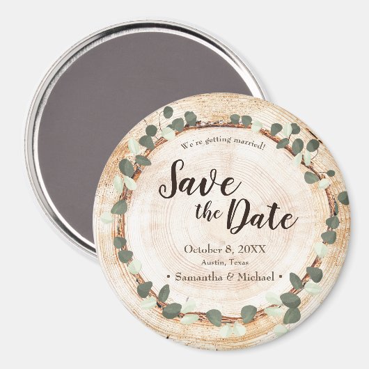 Rustic Eucalyptus Wood Slice wedding magnet (Voorkant / Achterkant)