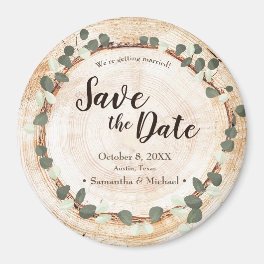 Rustic Eucalyptus Wood Slice wedding magnet (Voorkant)