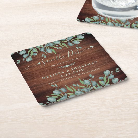 Rustic Eucalyptus Wood Weddenschap bewaart de datu Kartonnen Onderzetters (Schuin)