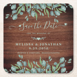 Rustic Eucalyptus Wood Weddenschap bewaart de datu Kartonnen Onderzetters
