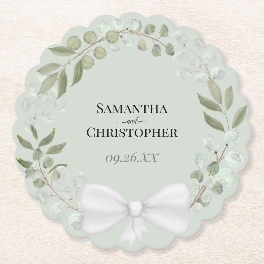 Rustic Eucalyptus Wreath Sage Green Wedding Paper Kartonnen Onderzetters (Voorkant)
