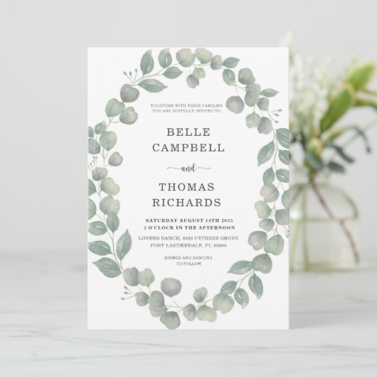 Rustic Eucalyputus Dusty Blue Wedding Invitation Kaart (Staand voorkant)