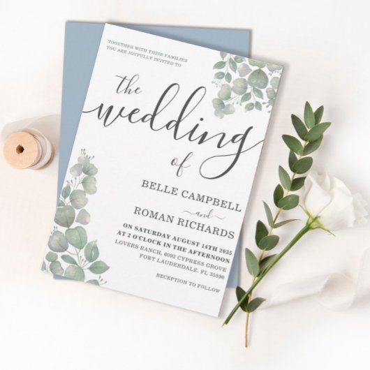 Rustic Eucalyputus Dusty Blue Wedding Invitation Kaart