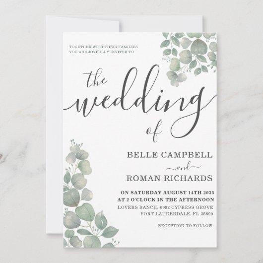 Rustic Eucalyputus Dusty Blue Wedding Invitation Kaart (Voorkant)
