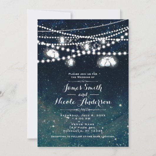 Rustic Evening Night Sky Mason Jar Lights Wedding Kaart (Voorkant)