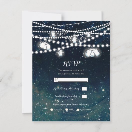Rustic Evening Sky Mason Jar Lights Wedding RSVP Kaart (Voorkant)