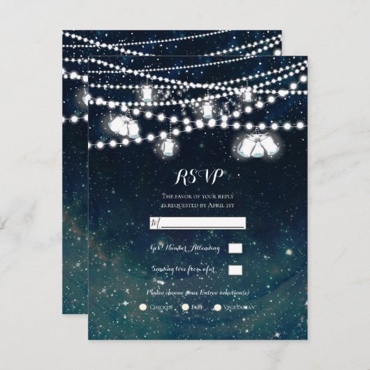 Rustic Evening Sky Mason Jar Lights Wedding RSVP Kaart (Voorkant / Achterkant)