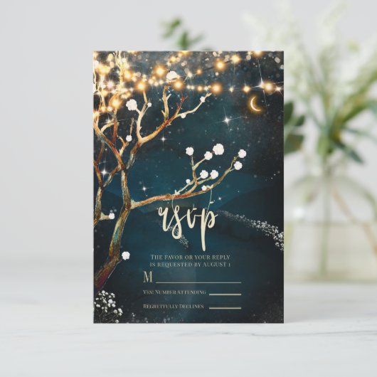 Rustic Evening Tree Lights Sterrennacht Wedding RSVP Kaartje (Staand voorkant)