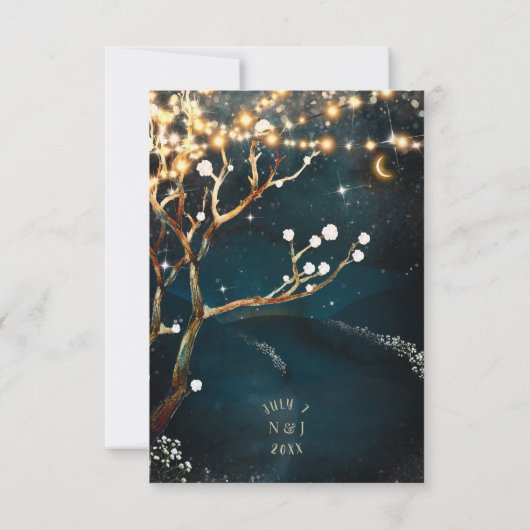Rustic Evening Tree Lights Sterrennacht Wedding RSVP Kaartje (Achterkant)