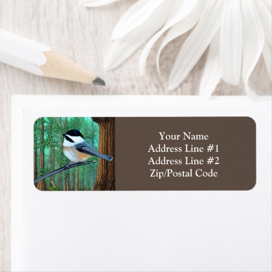 Rustic Evergreen Pine Chickadee Etiket (Insitu)