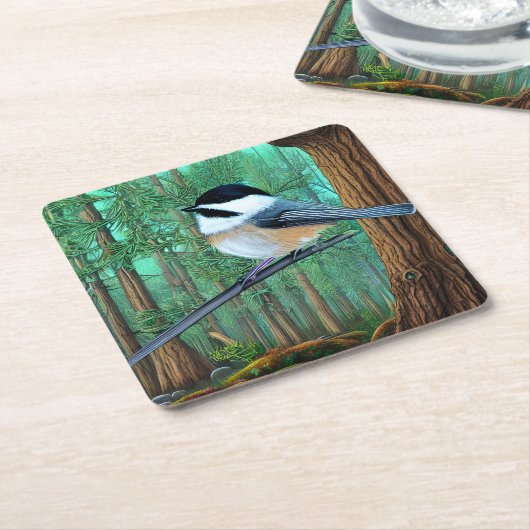 Rustic Evergreen Pine Chickadee Kartonnen Onderzetters (Schuin)