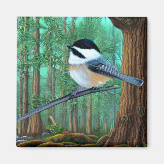 Rustic Evergreen Pine Chickadee Magneet