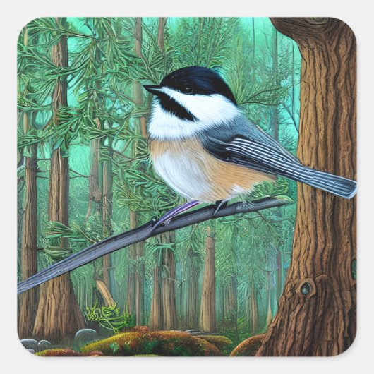 Rustic Evergreen Pine Chickadee Vierkante Sticker (Voorkant)
