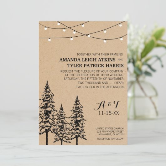 Rustic Evergreen Pine Tree Wedding Invitations Kaart (Staand voorkant)