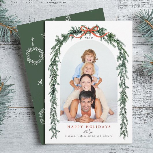 Rustic Evergreen Slinger Boog Foto Kerstmis Feestdagenkaart