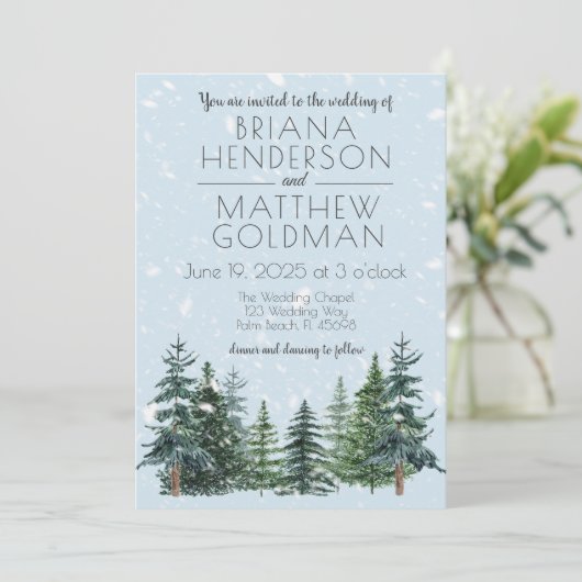 Rustic Evergreen Winter Pine Trees Wedding Kaart (Staand voorkant)