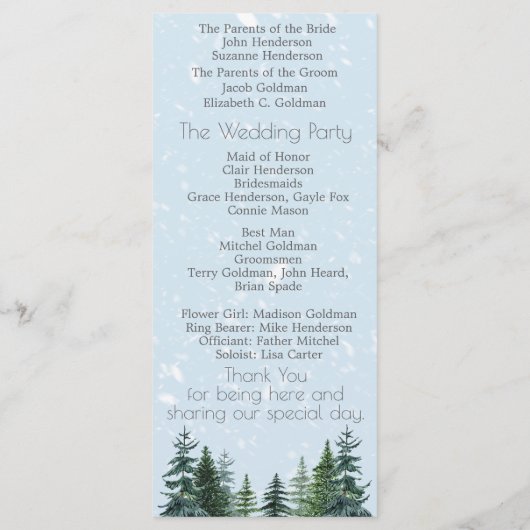 Rustic Evergreen Winter Pine Trees Wedding Programmakaart (Achterkant)