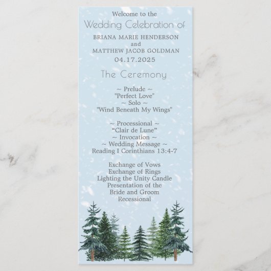 Rustic Evergreen Winter Pine Trees Wedding Programmakaart (Voorkant)