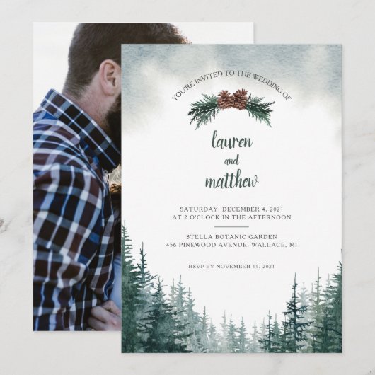 Rustic Evergreen Winter Wedding Invitation Kaart (Voorkant / Achterkant)