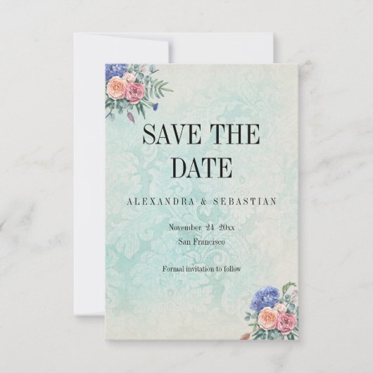 Rustic Faded Damask en Rozen Wedding Save The Date (Voorkant)