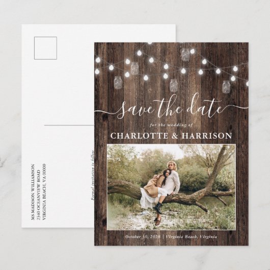 Rustic Fairy Lichten Foto opslaan Datum Aankondigingskaart (Voorkant / Achterkant)