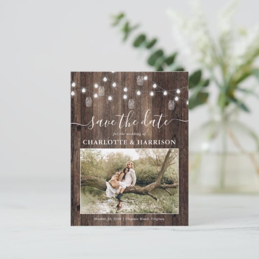 Rustic Fairy Lichten Foto opslaan Datum Aankondigingskaart (Staand voorkant)