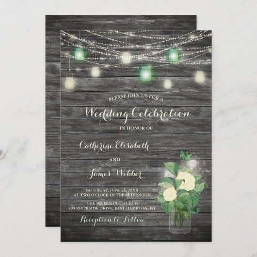 Rustic Fairy Lights Mason Jar Wedding Invitaton Kaart (Voorkant / Achterkant)
