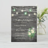 Rustic Fairy Lights Mason Jar Wedding Invitaton Kaart (Staand voorkant)