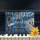 Rustic Fairytale bruiloft Navy Barn Save the Date Aankondigingskaart<br><div class="desc">Rustic Navy Blue Barn Wood Candelabra & Clock Fairytale Wedding Save the Date Announements.</div>