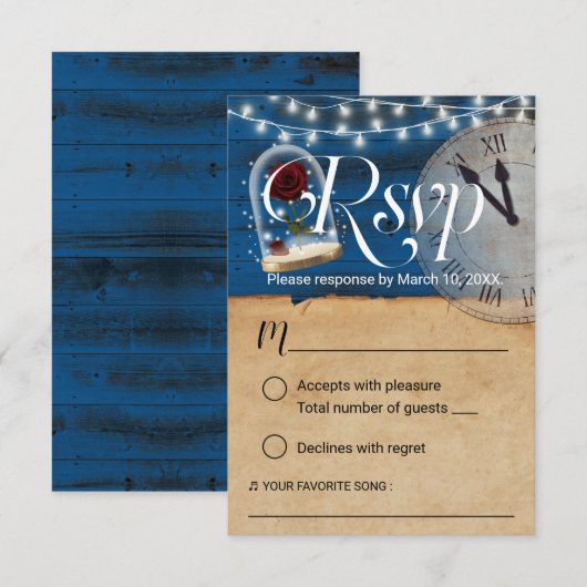 Rustic Fairytale marine Blue Barn Wedding RSVP Kaartje (Voorkant / Achterkant)