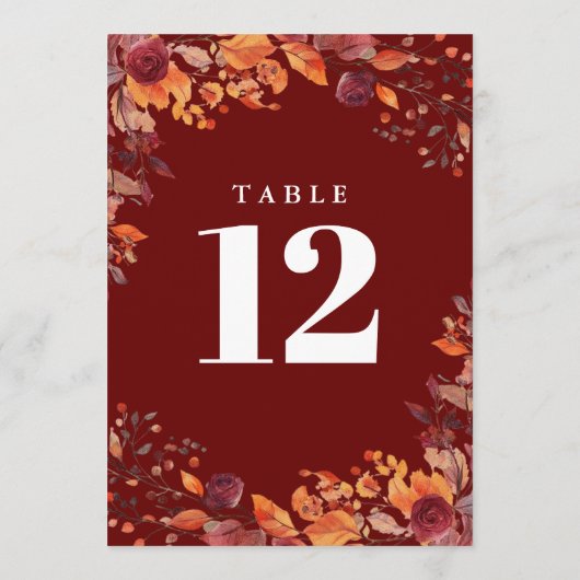 Rustic Fall Autumn Floral Burgundy Table Number Kaart (Achterkant)