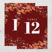Rustic Fall Autumn Floral Burgundy Table Number Kaart (Voorkant / Achterkant)