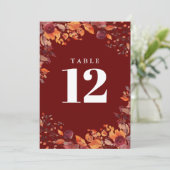 Rustic Fall Autumn Floral Burgundy Table Number Kaart (Staand voorkant)