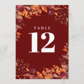 Rustic Fall Autumn Floral Burgundy Table Number Kaart (Voorkant)