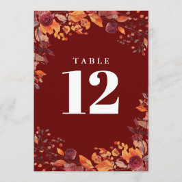 Rustic Fall Autumn Floral Burgundy Table Number Kaart