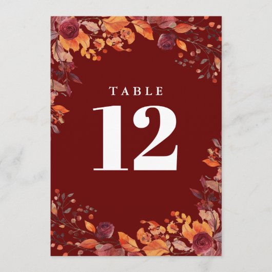 Rustic Fall Autumn Floral Burgundy Table Number Kaart (Voorkant)