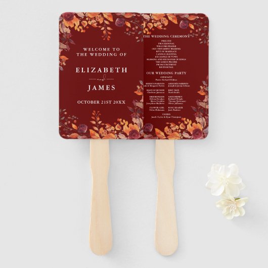 Rustic Fall Autumnal Burgundy Wedding Program Handwaaier (Voorkant en achterkant)