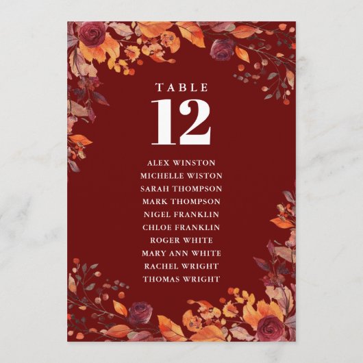 Rustic Fall Floral Table Number Seating Chart Kaart (Achterkant)