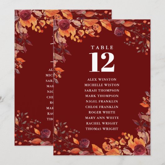 Rustic Fall Floral Table Number Seating Chart Kaart (Voorkant / Achterkant)