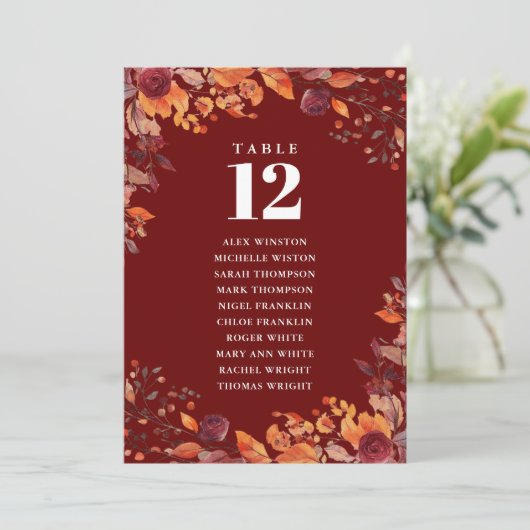 Rustic Fall Floral Table Number Seating Chart Kaart (Staand voorkant)