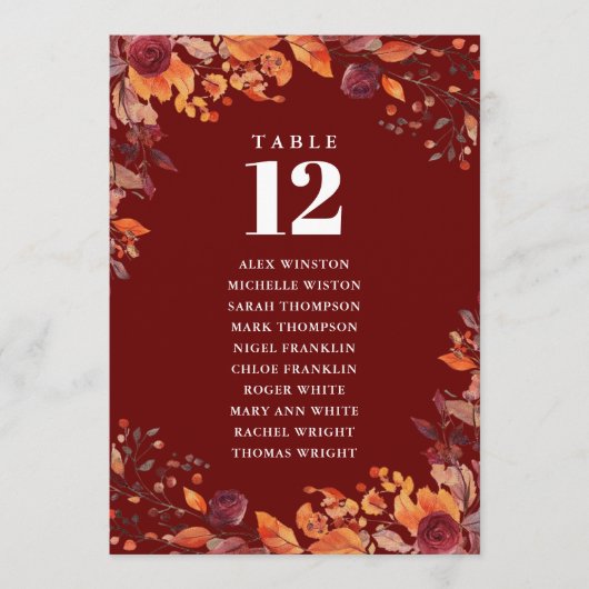 Rustic Fall Floral Table Number Seating Chart Kaart (Voorkant)