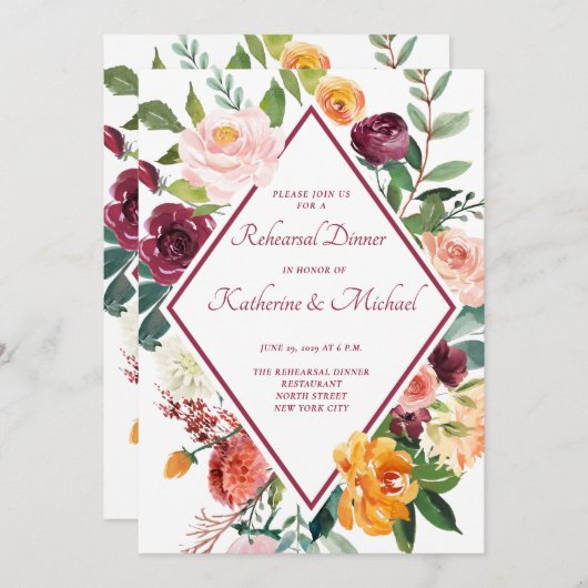 Rustic Fall Flowers Wine Red Rehearsal Dinner Kaart (Voorkant / Achterkant)